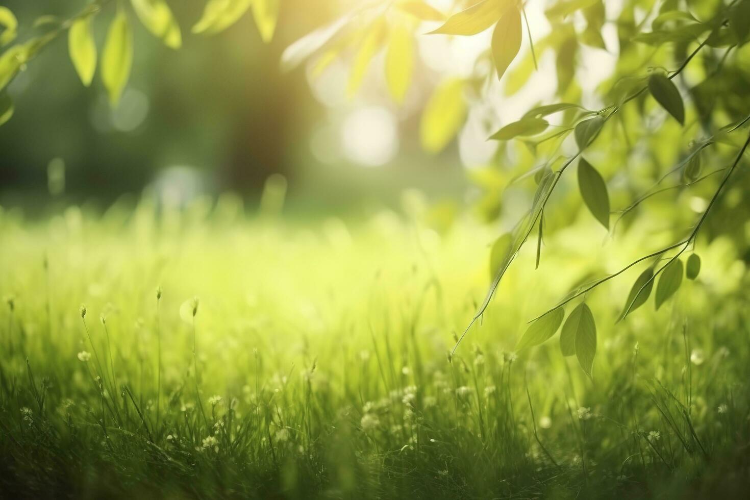 Natural green defocused spring summer blurred background with sunshine. Juicy young grass and foliage on nature in rays of sunlight, scenic framing, copy space photo