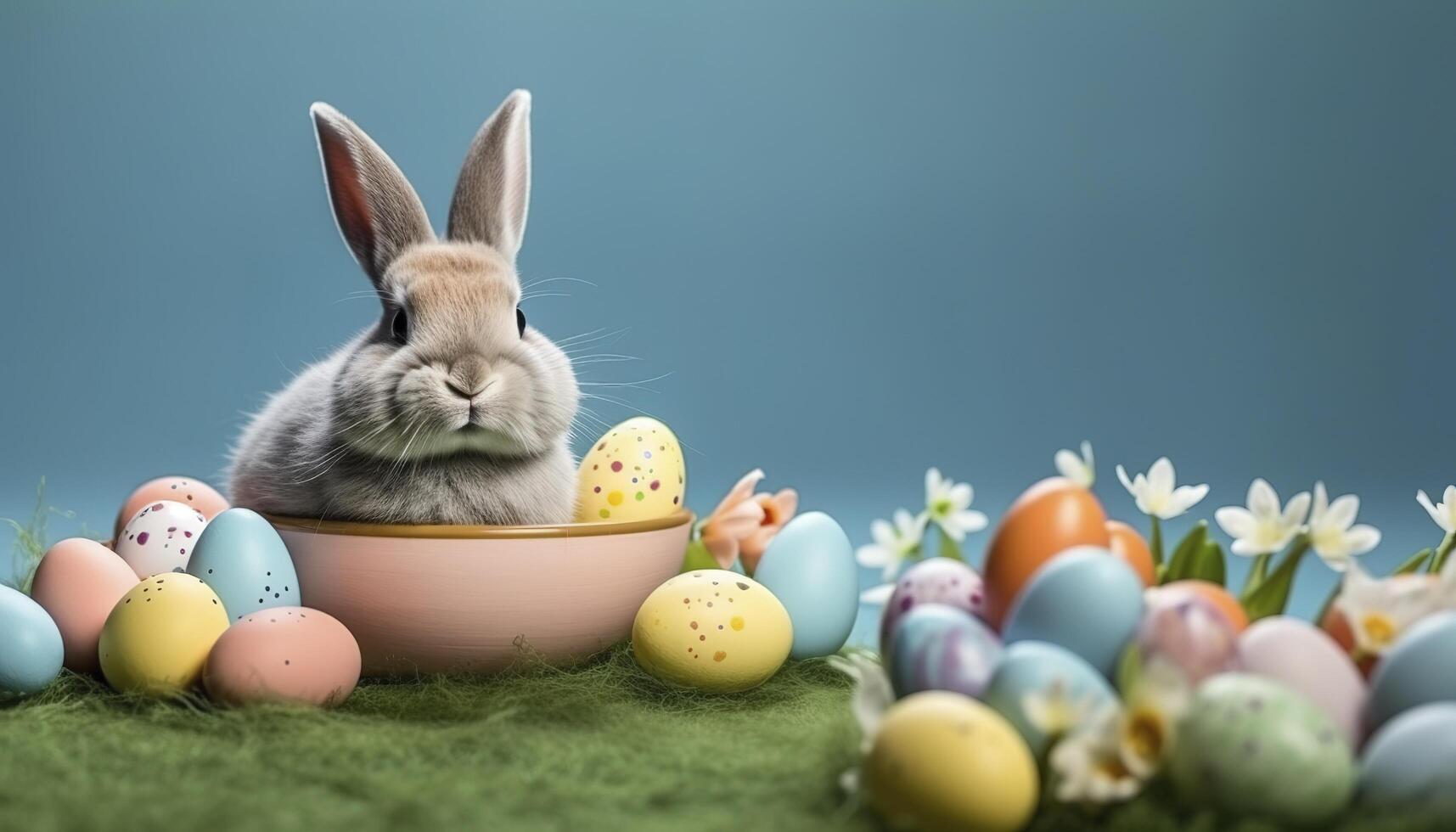 Cute rabbit with fancy Easter Eggs on grass , photo