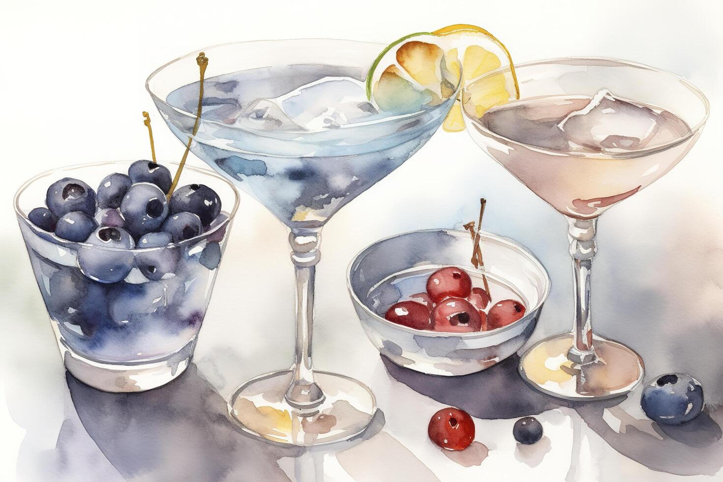 watercolor painting of a cocktail on a white backdrop. photo