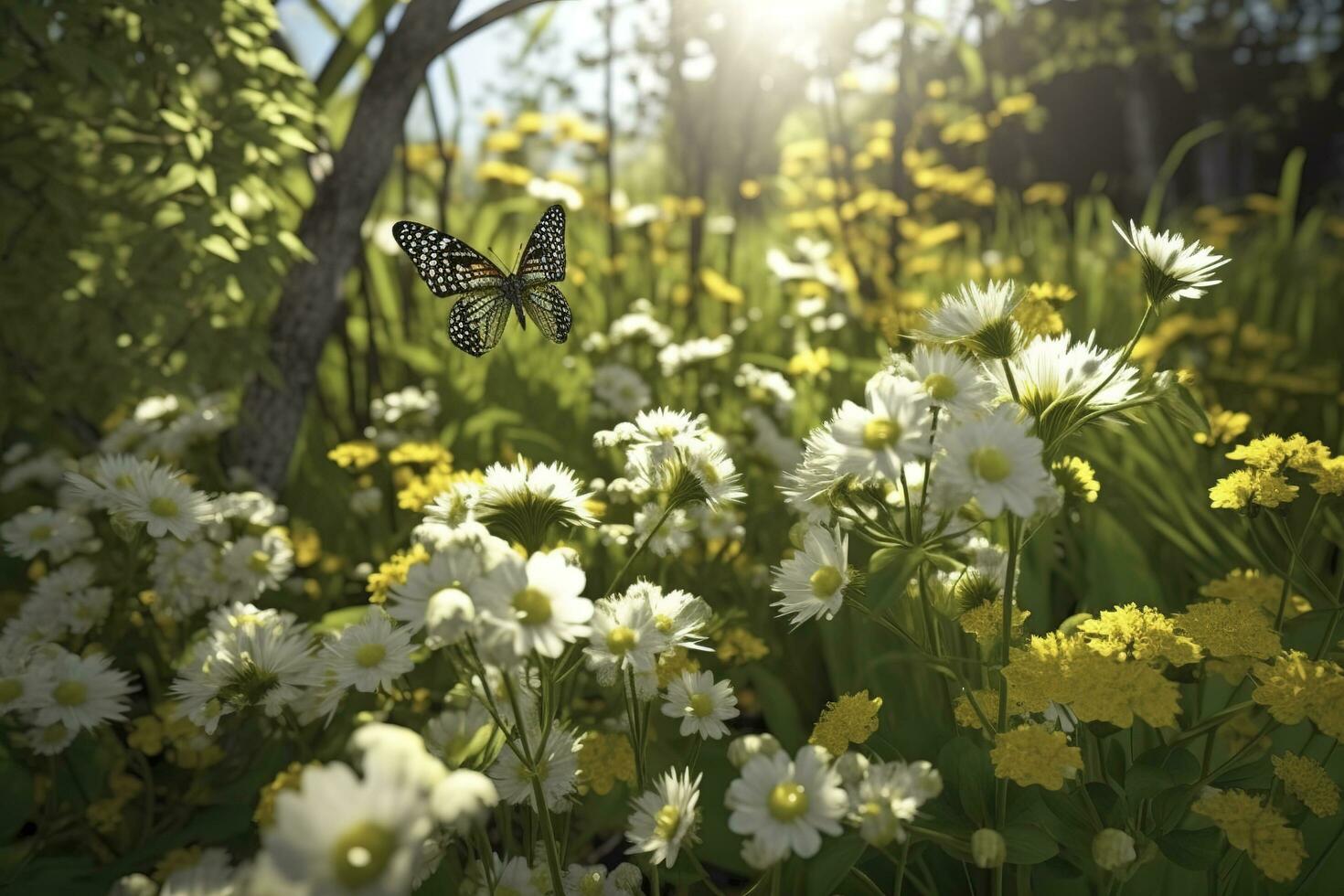 abstract nature spring Background. spring flower and butterfly, generate ai photo