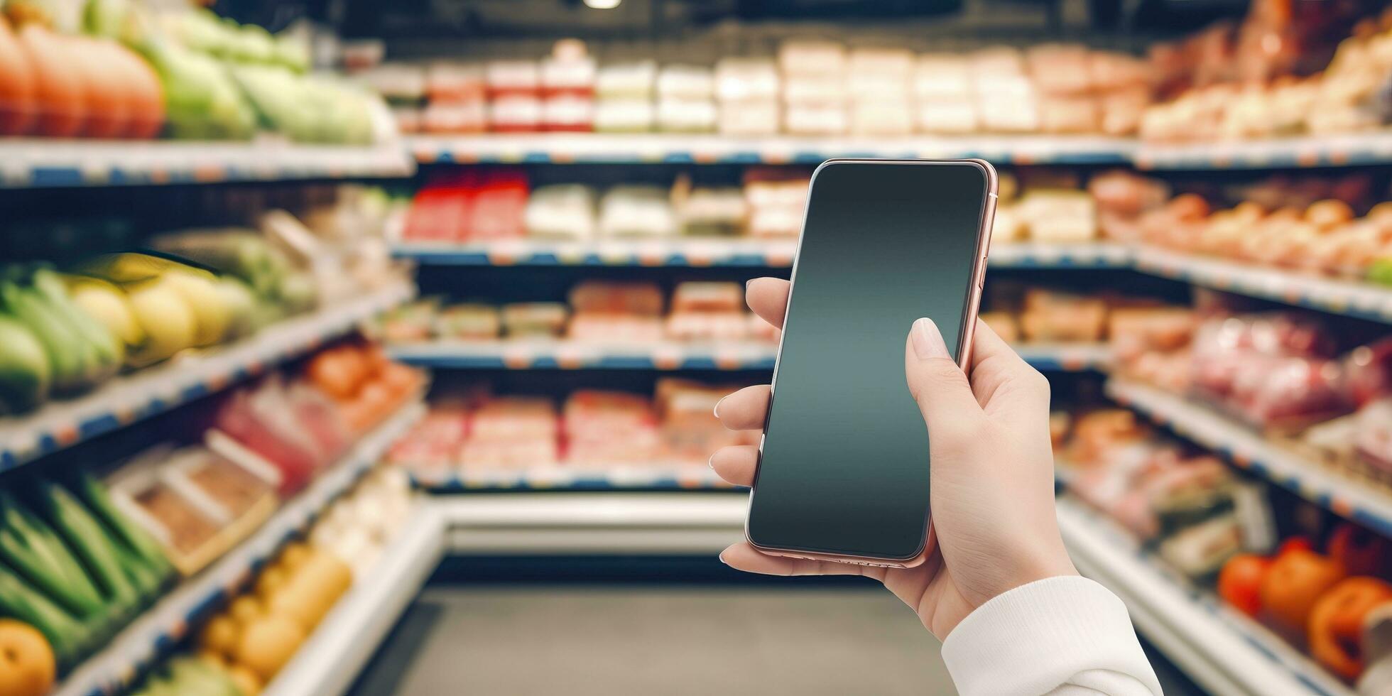 Grocery online. Phone with a hand on the background of a supermarket with groceries, generate ai photo