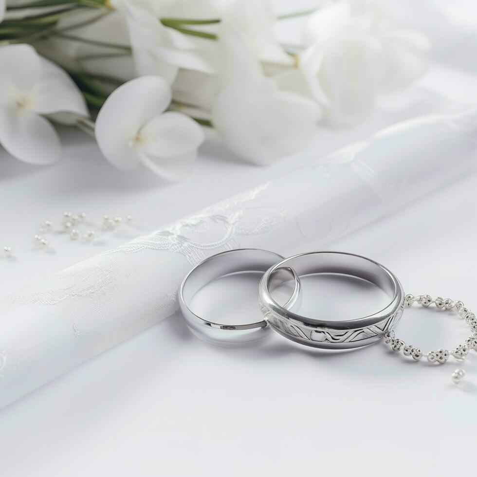 blanco Boda anillos en blanco Boda tarjeta en un blanco fondo, blanco frontera diseño panorámico bandera , generar ai foto