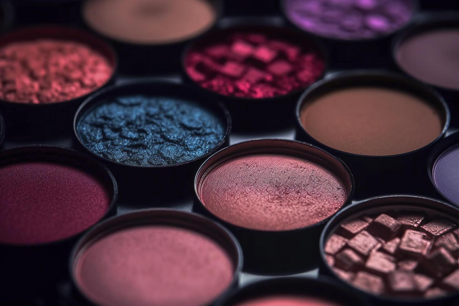 Closeup shot of eyeshadow, cosmetics, makeup. Professional eyeshadow palette macro shot. Eye shadow collection, make up theme. . photo