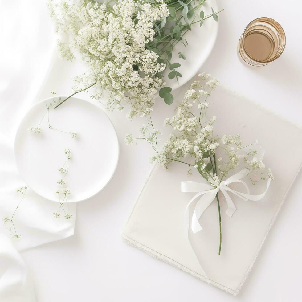 wedding desktop mockup with baby's breath Gypsophila flowers, dry green eucalyptus leaves, satin ribbon and white background, , generat ai photo