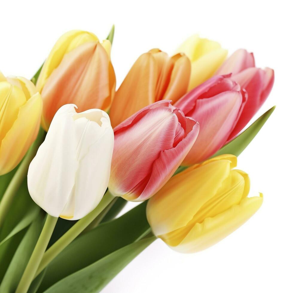 beautiful colorful tulips isolated on white background, generate ai photo