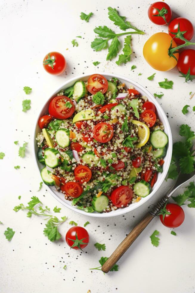 quinua tabulé ensalada con rojo Cereza Tomates, naranja pimenton, palta, pepinos y perejil. tradicional medio oriental y Arábica plato. blanco mesa fondo, parte superior vista, generar ai foto