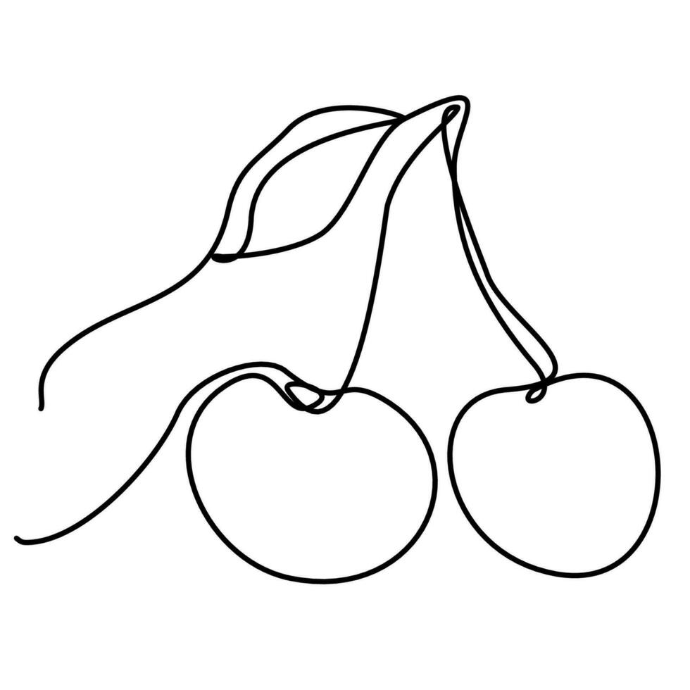 Outline art cherry with leaf isolated on white. Continuous line vector fruit illustration. Healthy and vitamin food concept. Line art Design element for t-shirt, grocery label, shopping bag printing.