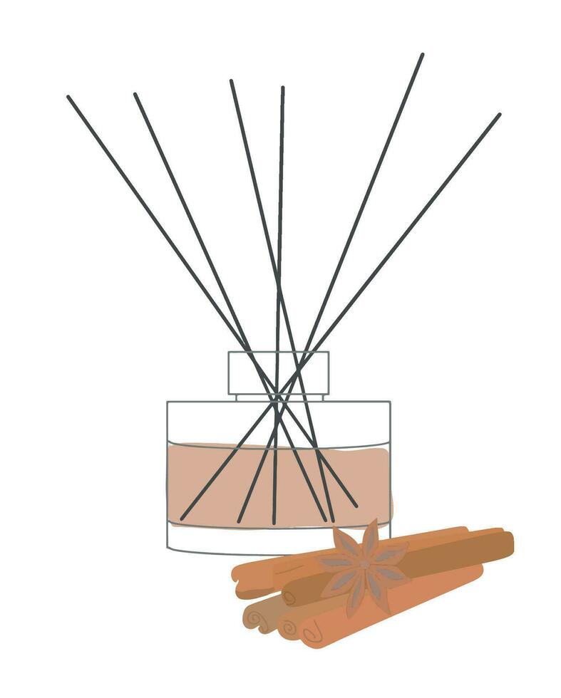 Home aromatherapy Vector flat isolated illustration. Diffuser with sticks cinnamon fragrance