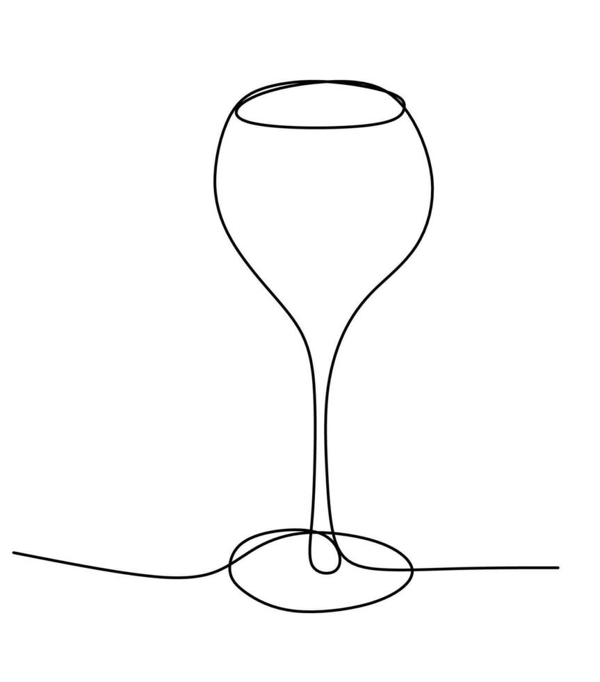 Wineglass One line art Vector illustration. Hand draw Wine glass for Champagne isolated on white background. Wine degustation logo design, t shirt, alkochol bottle cover.