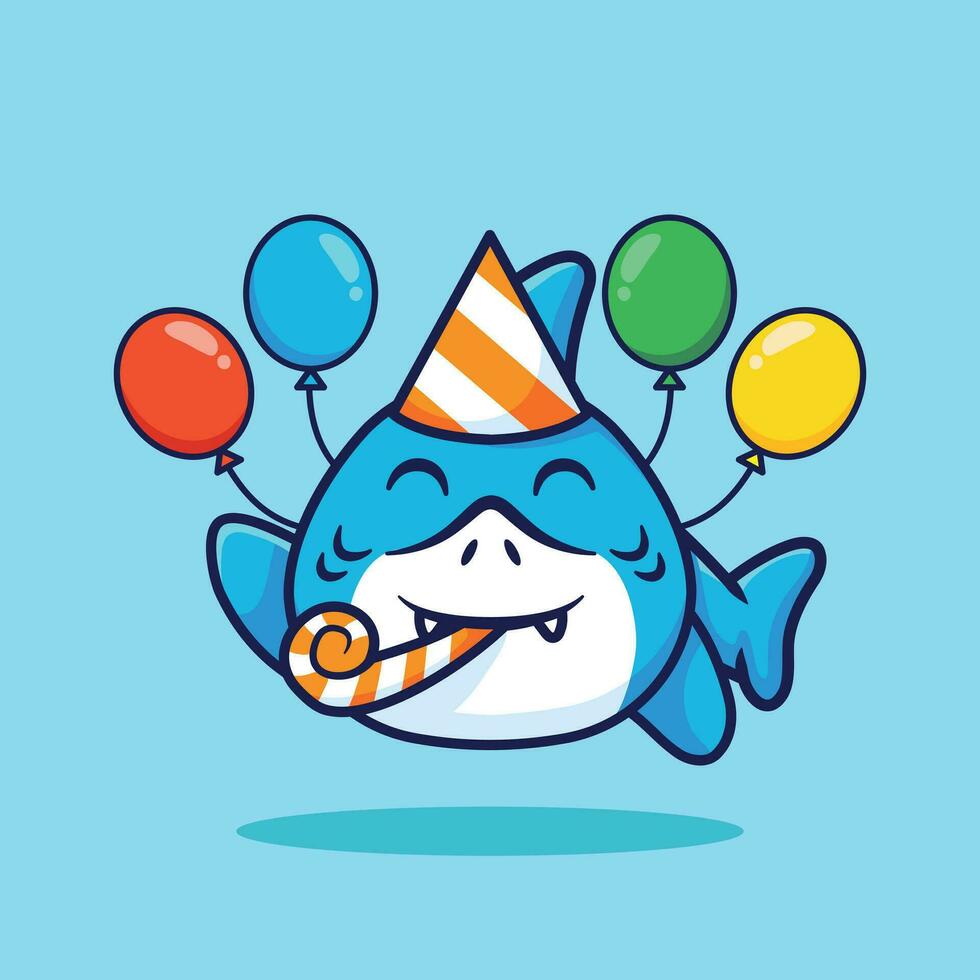 Cute birthday shark with balloons vector cartoon illustration