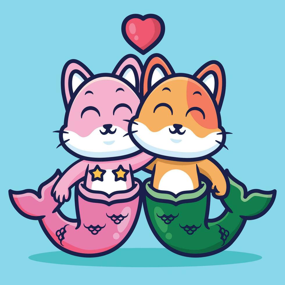 Cute mermaid cat couple character vector cartoon illustration