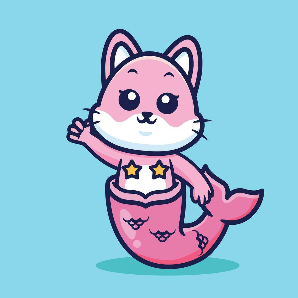 Cute mermaid cat waving cartoon vector illustration