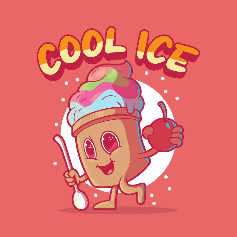 Cool Ice Cream character holding a cherry vector illustration. Food, funny, branding design concept.