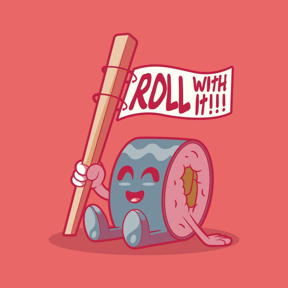 Sushi rodar personaje sentado en el piso con un mensaje bandera vector ilustración. alimento, marca diseño concepto.