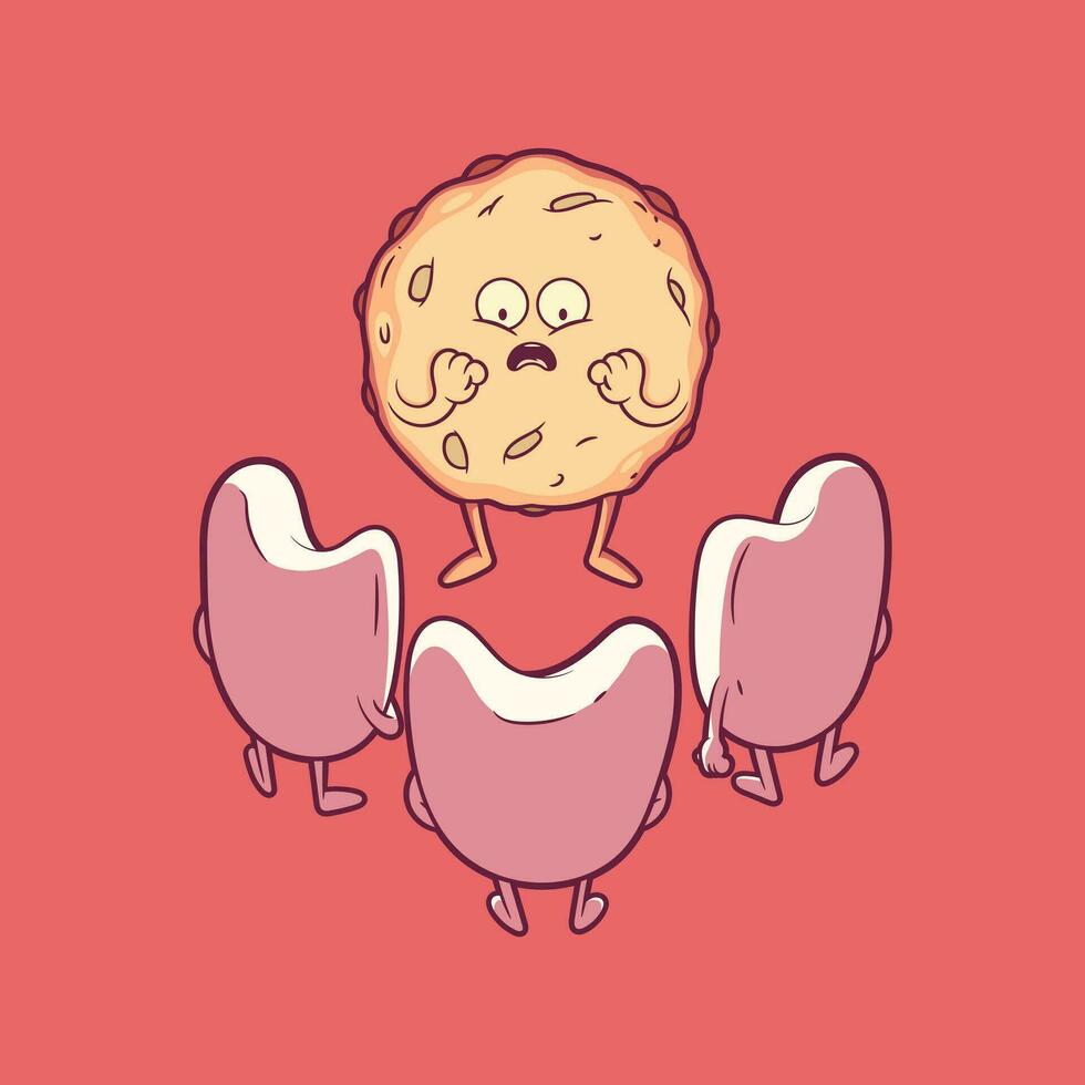 Tooth characters scaring a cookie vector illustration. Hygiene, funny, mascot design concept.