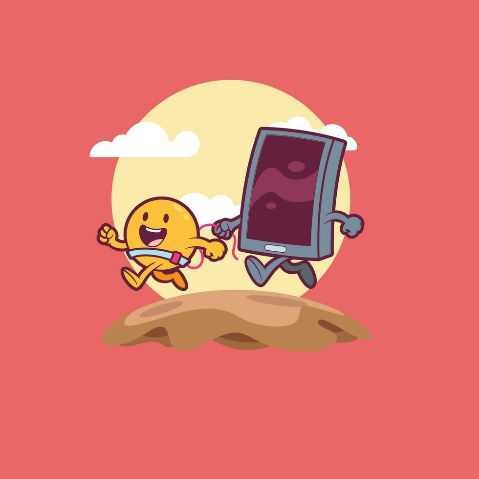 Smartphone walking an emoji smiling vector illustration. Tech, communication, funny design concept.