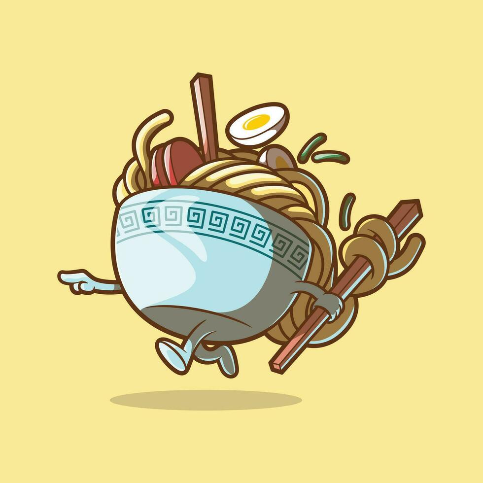 Ramen bowl character running holding chopsticks vector illustration. Food, brand, mascot design concept.