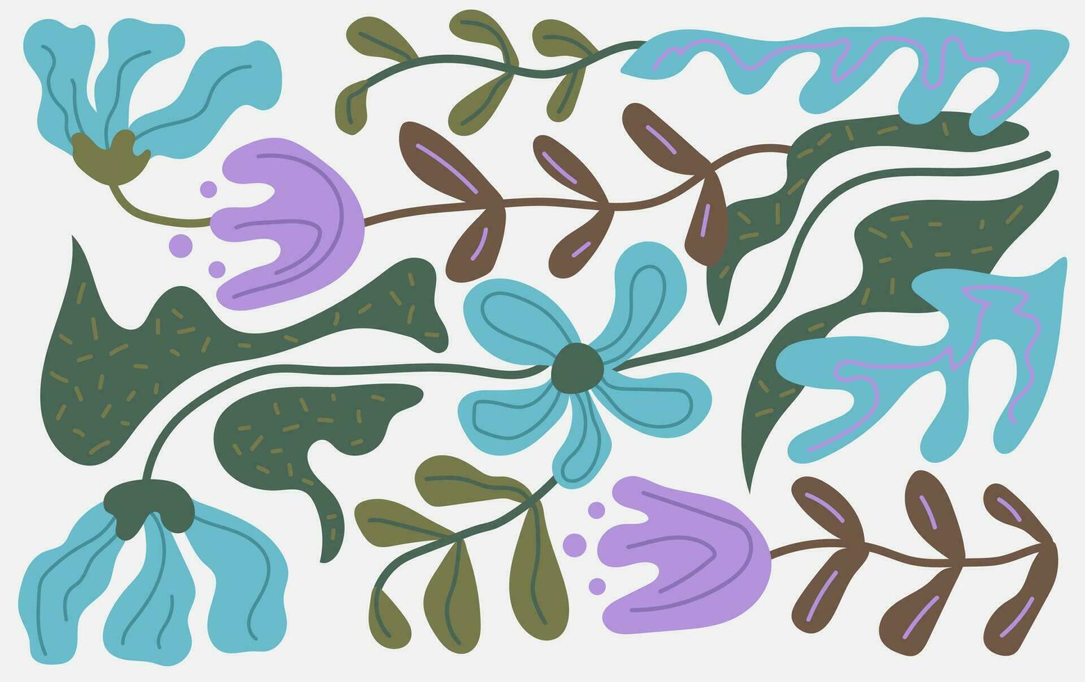 Horizontal poster with abstract flowers. Bouquets of flowers. Drawing style. Cute botanical shapes vector