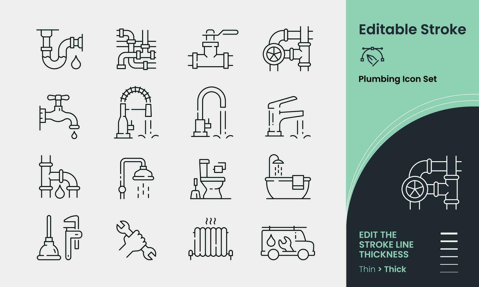 Plumbing vector icon set containing 16 editable stroke icons.