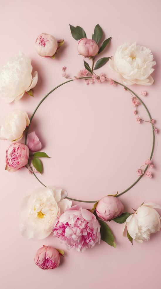 Mother's Day concept. Top view vertical photo of white empty circle fresh peony roses and sprinkles on isolated light pink background with blank space, generate ai