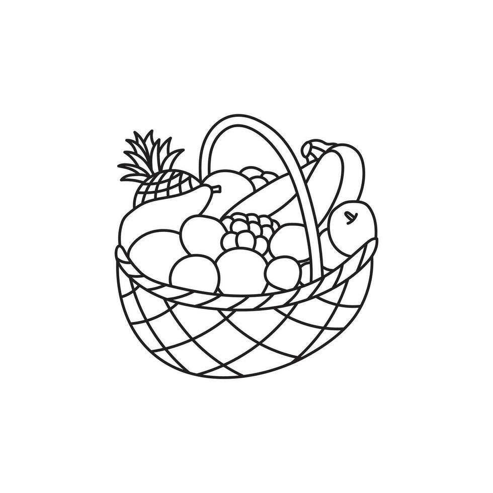 Hand drawn Kids drawing Cartoon Vector illustration cute fruits in the basket icon Isolated on White Background