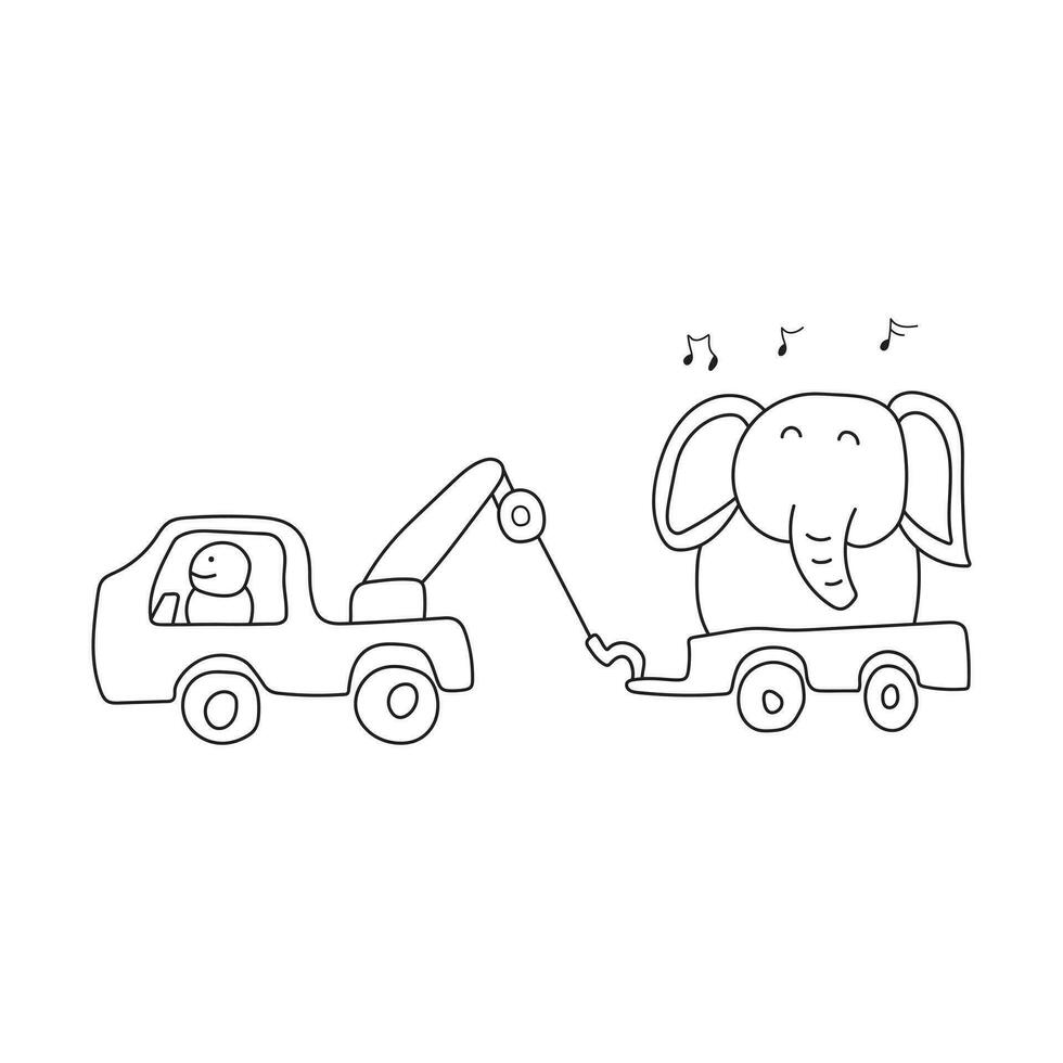 Hand drawn illustration vector graphic Kids drawing style funny cute tow truck towing an elephant in a cartoon style