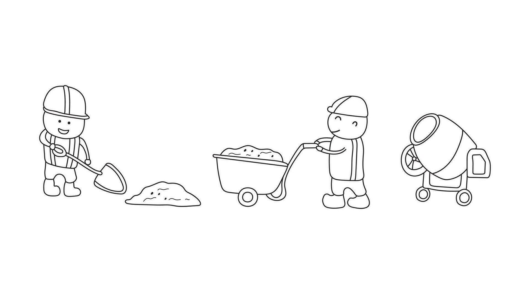 Hand drawn Kids drawing vector Illustration of construction workers preparing concrete with cement mixer in a cartoon style