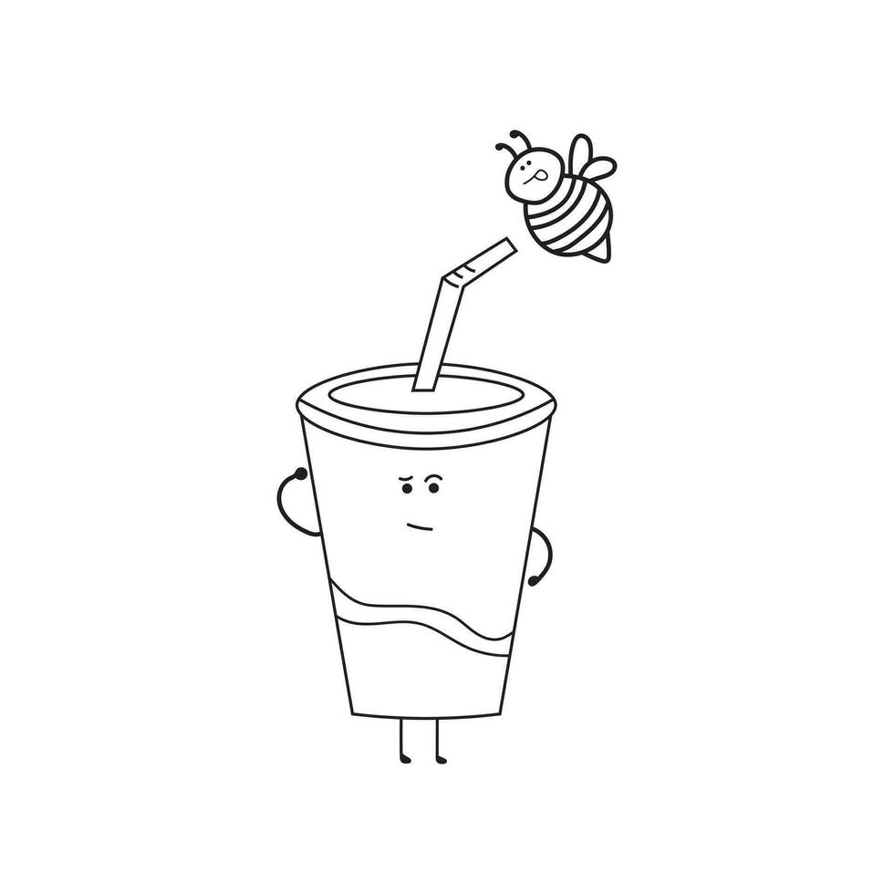 Hand drawn illustration vector graphic Kids drawing style funny cute red cup drink with little bee perched on its straw in a cartoon style