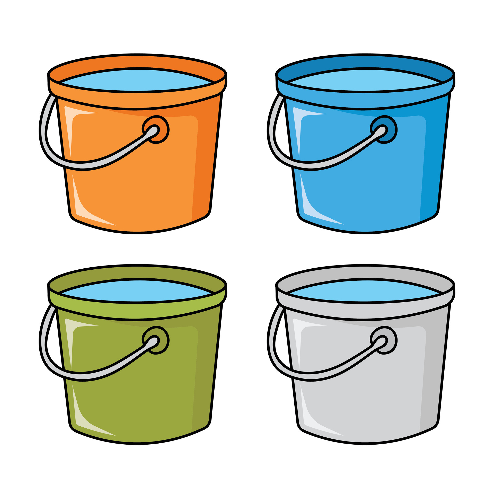 four colorful plastic buckets with handles on a dark background