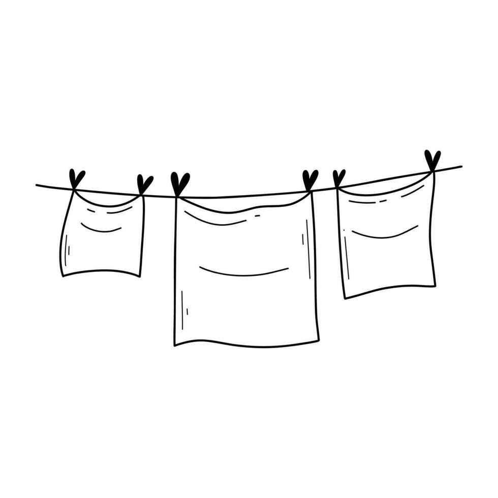 Clothes on a rope in doodle style. Vector illustration. Clean clothes dry on a line.