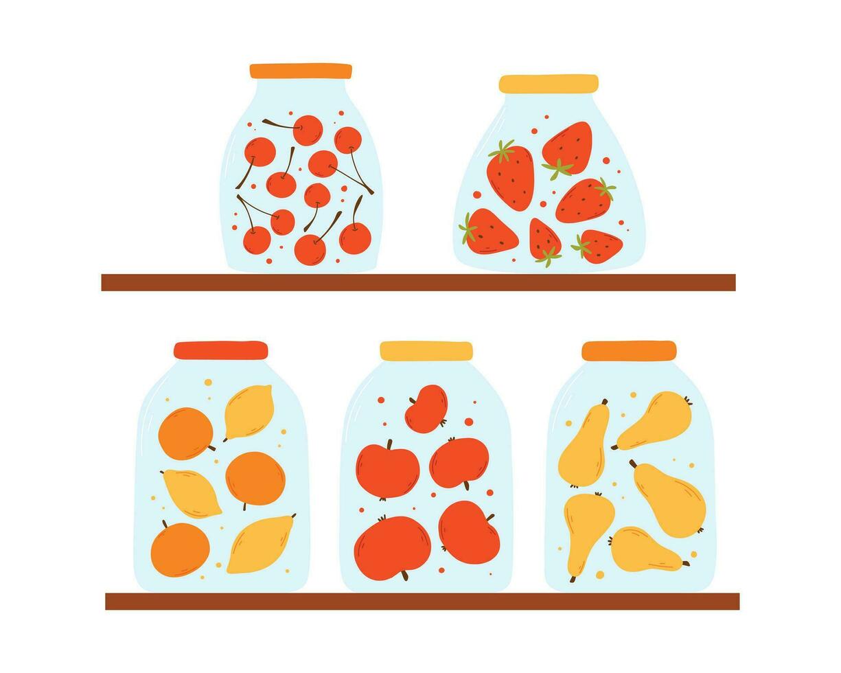 Shelf with homemade jams. Shelf with jars of homemade marmalade. Vector illustration. Flat style