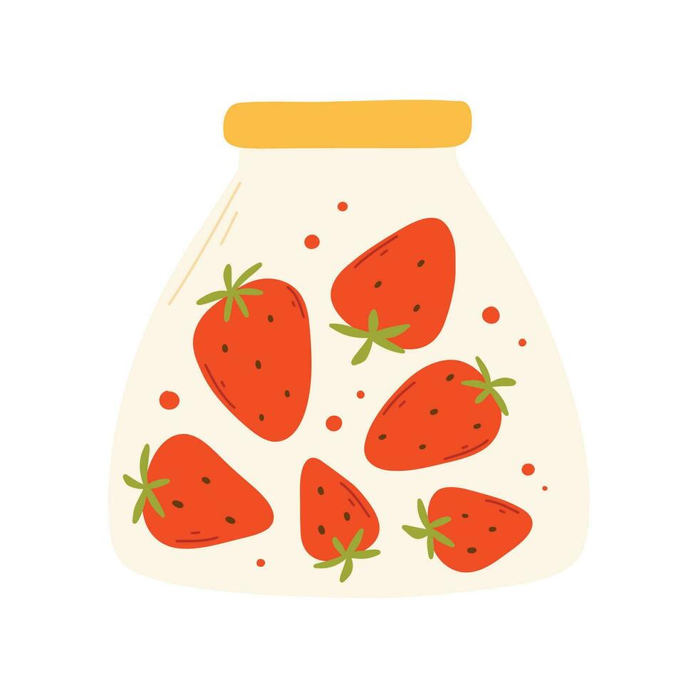 A jar of homemade strawberry jam. Strawberry marmalade. Jar of jam isolated on white background. Vector illustration in a flat style.