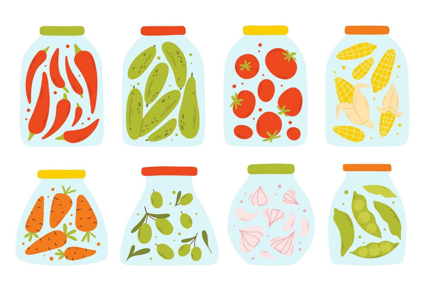 A set of homemade canned vegetables. Vector illustration in a flat style. Collection of jars with homemade pickles.