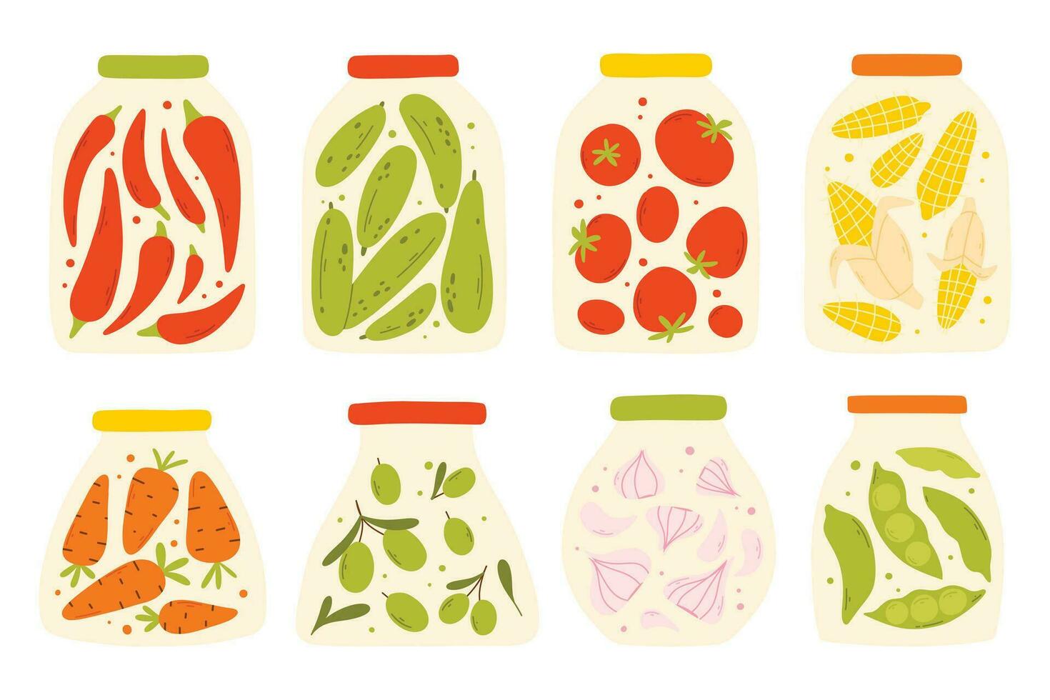 A set of homemade canned vegetables. Vector illustration in a flat style. Collection of jars with homemade pickles.