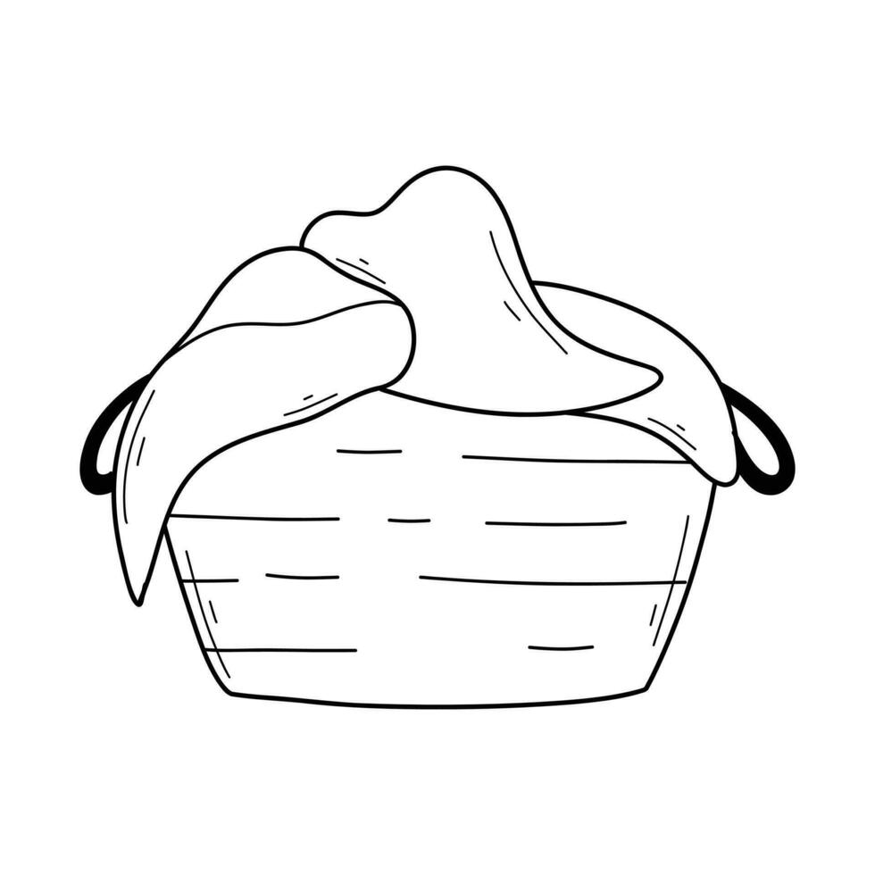 Basket with dirty laundry in doodle style. Linear pile of dirty laundry. Vector illustration.