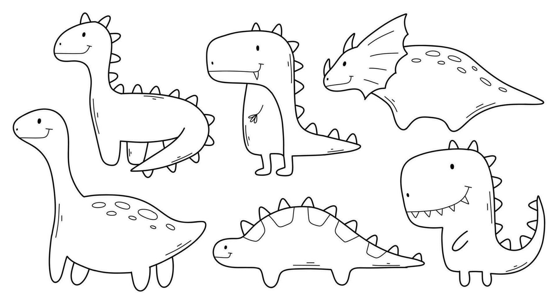 Set of dinosaurs in doodle style. Linear collection of Cute dinos. Vector illustration.