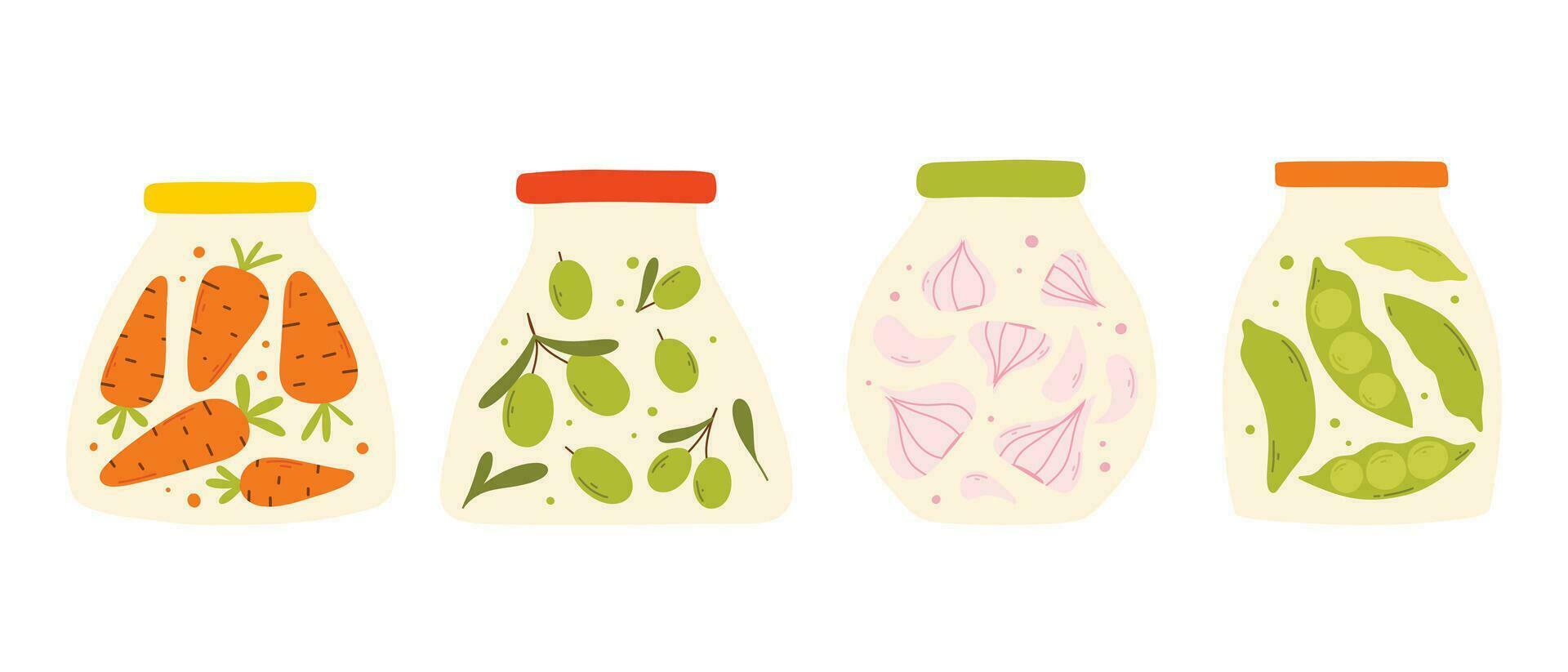 A set of homemade canned vegetables. Vector illustration in a flat style. Collection of jars with homemade pickles.