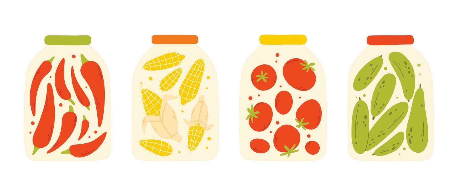 un conjunto de hecho en casa Enlatado vegetales. vector ilustración en un plano estilo. colección de frascos con hecho en casa pepinillos.