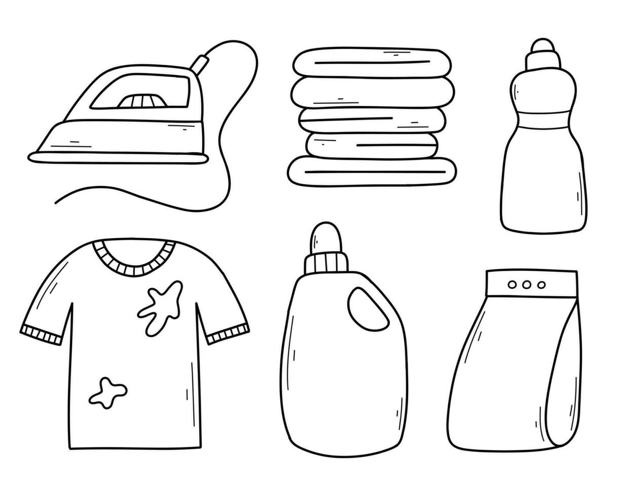 Set of laundry items in doodle style. Linear collection of laundry items. Vector illustration. Isolated elements on a white background.