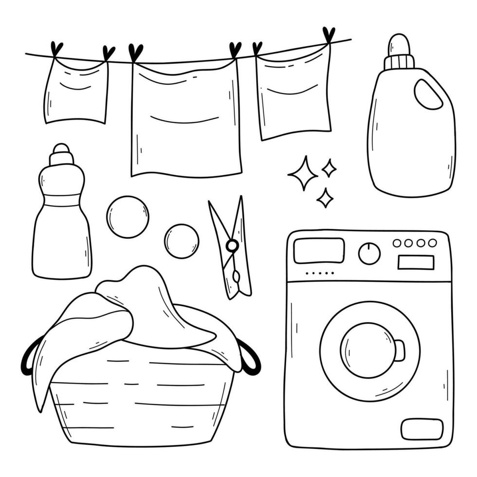 Set of laundry items in doodle style. Linear collection of laundry items. Vector illustration. Isolated elements on a white background.