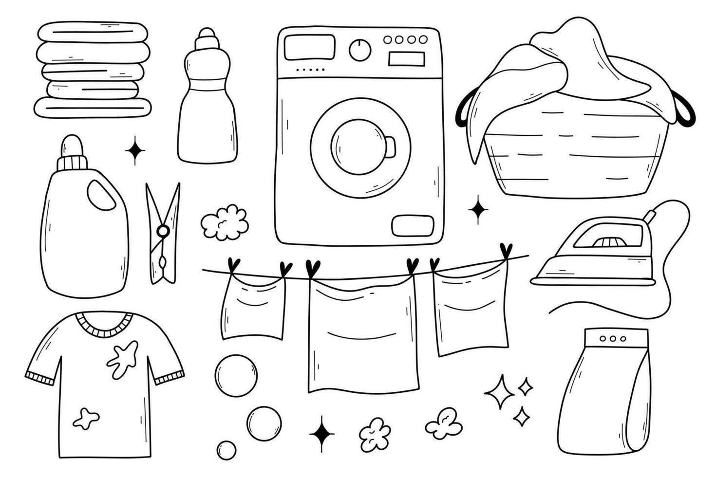 Set of laundry items in doodle style. Linear collection of laundry items. Vector illustration. Isolated elements on a white background.