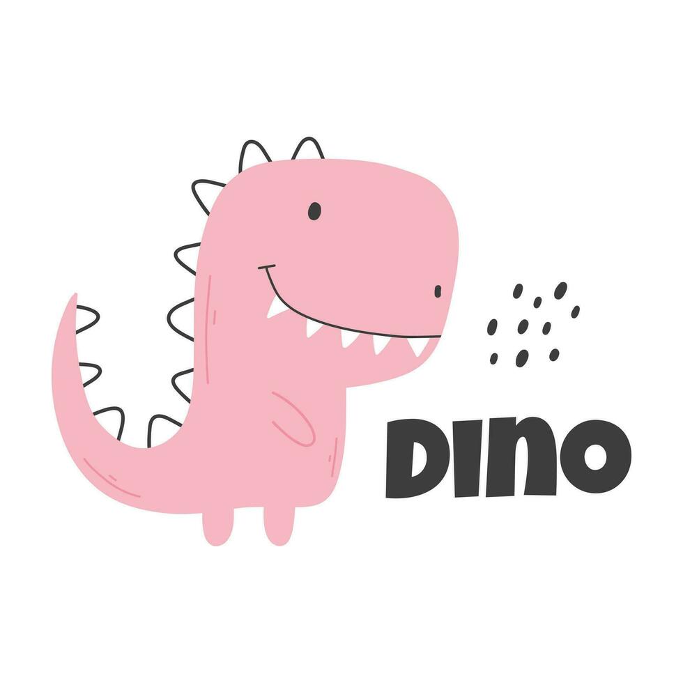 Cute childish dino print in flat scandinavian style. Poster with dino and lettering. Vector illustration..