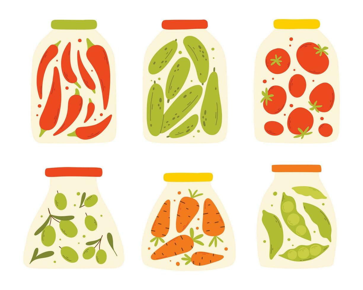 A set of homemade canned vegetables. Vector illustration in a flat style. Collection of jars with homemade pickles.