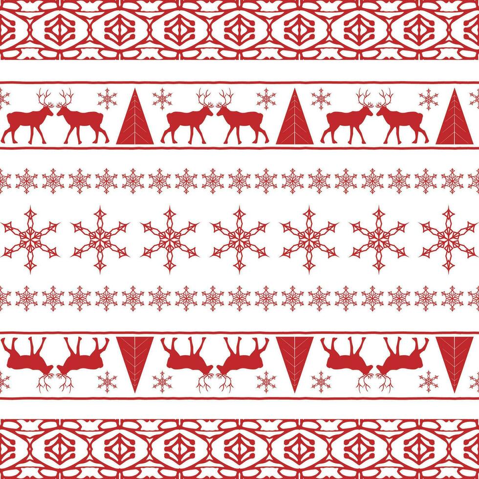 New Year Christmas pattern with deer and snowflakes. White-red seamless pattern vector