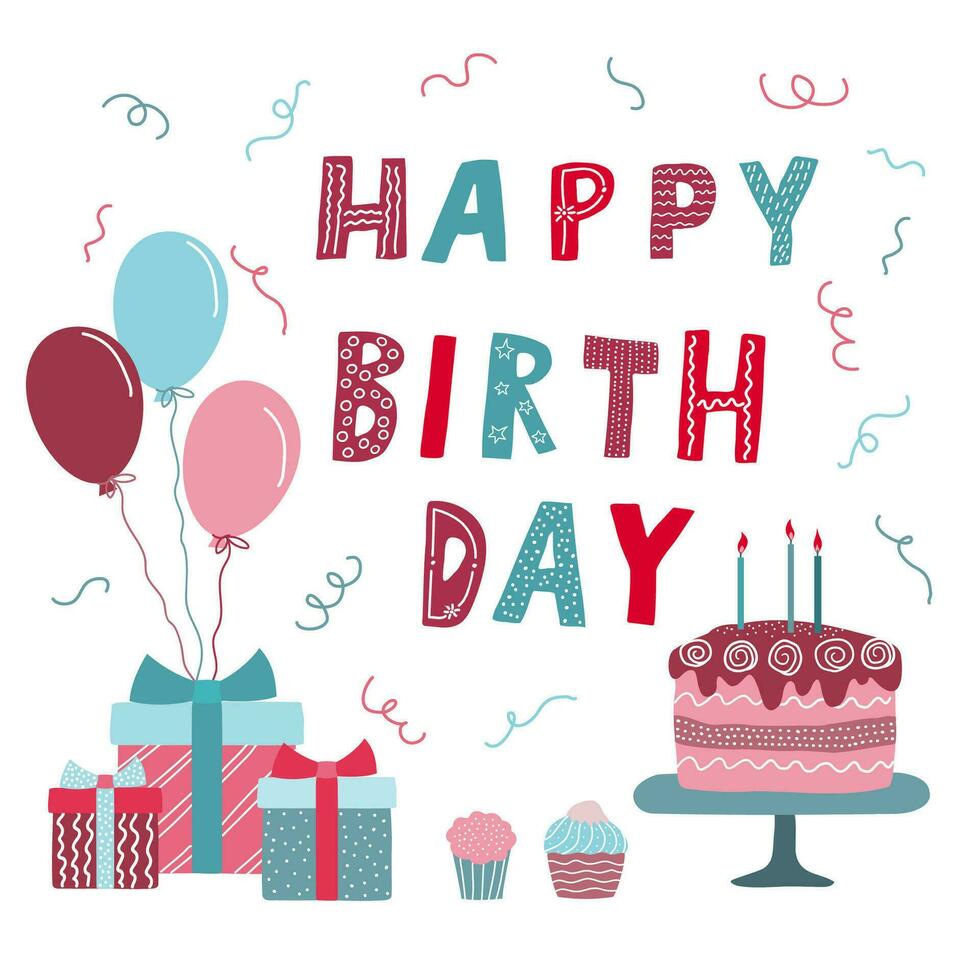 Hand drawn happy birthday lettering with cake and candles on white background. Vector design for postcards and decoration