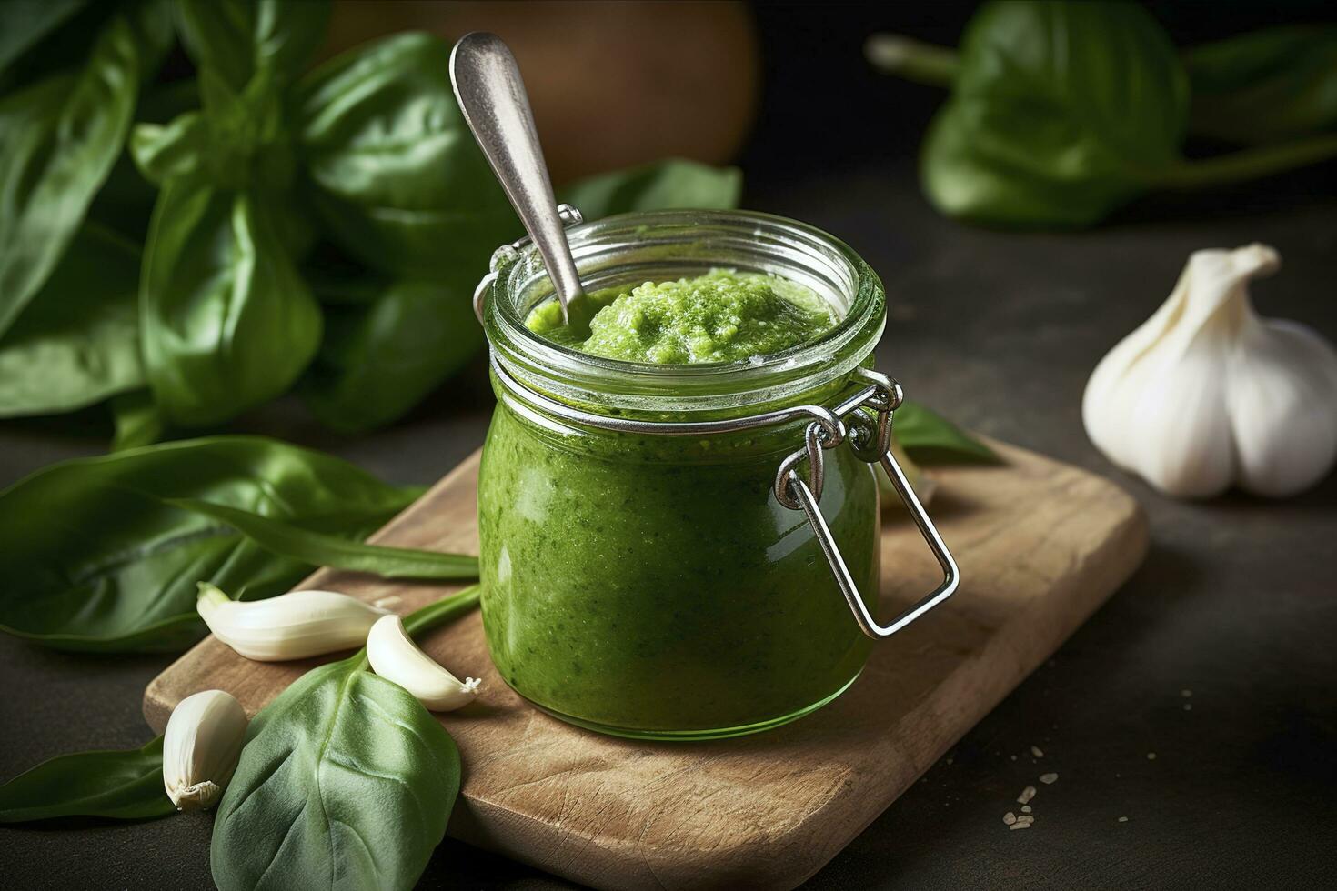 Green pesto sauce made of wild garlic, generate ai photo