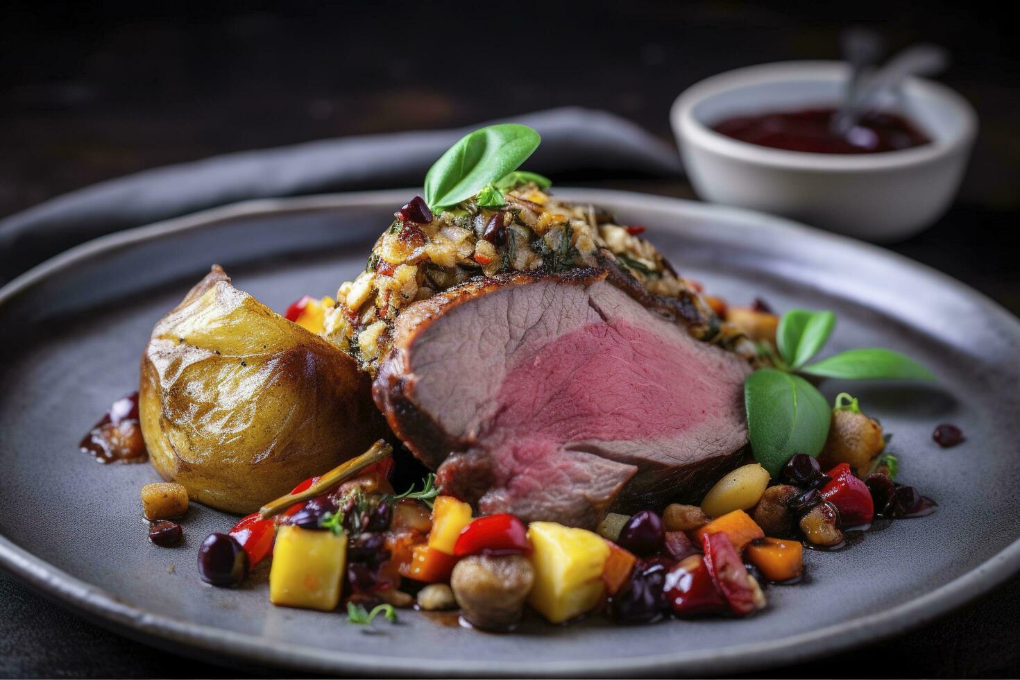 Traditional roasted Italian panettone tagliata di manzo with sliced beef steak and vegetables served close-up on a Nordic design plate, generate ai photo