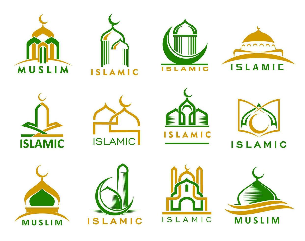 Muslim mosque, Islam religion and Quran icons vector