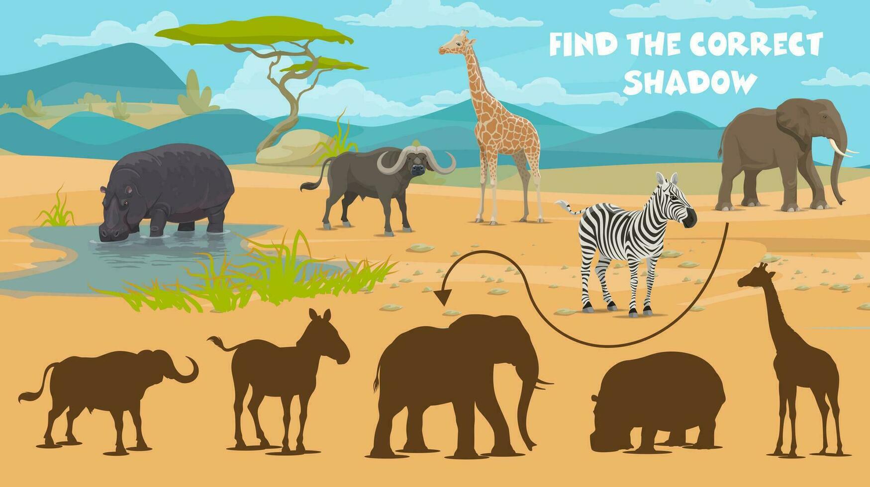 Find correct shadow of African savannah animals vector