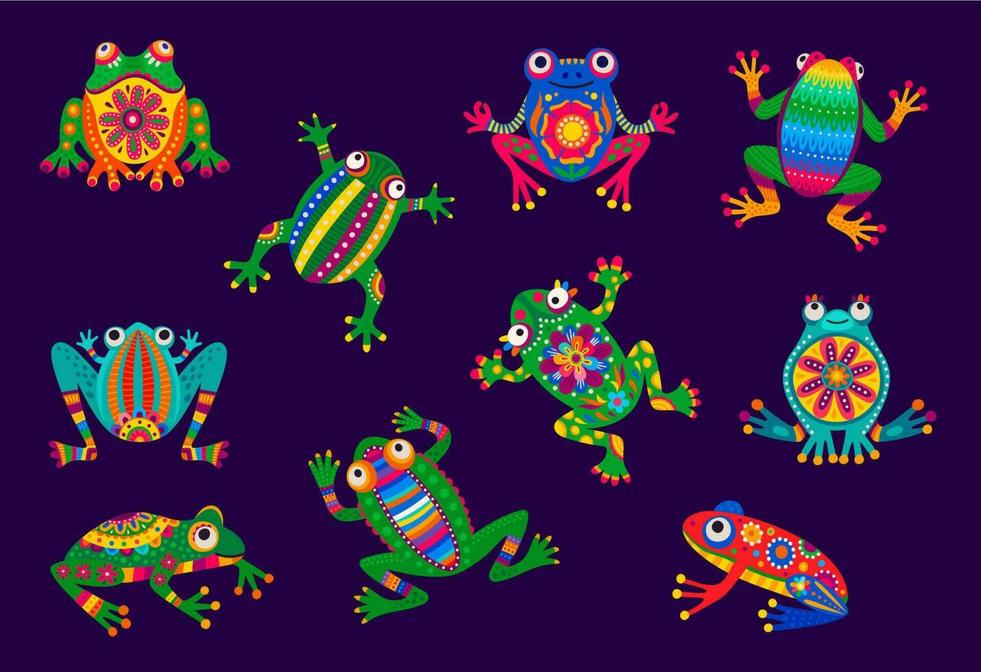 Mexican frog animals with folk pattern of Mexico vector